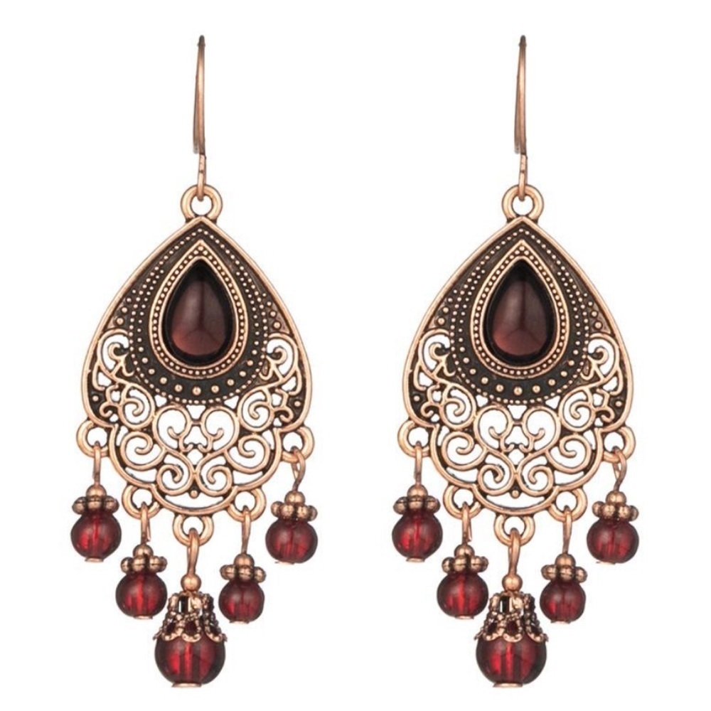 Boho Beaded Stone Tassel Water Drop Earrings